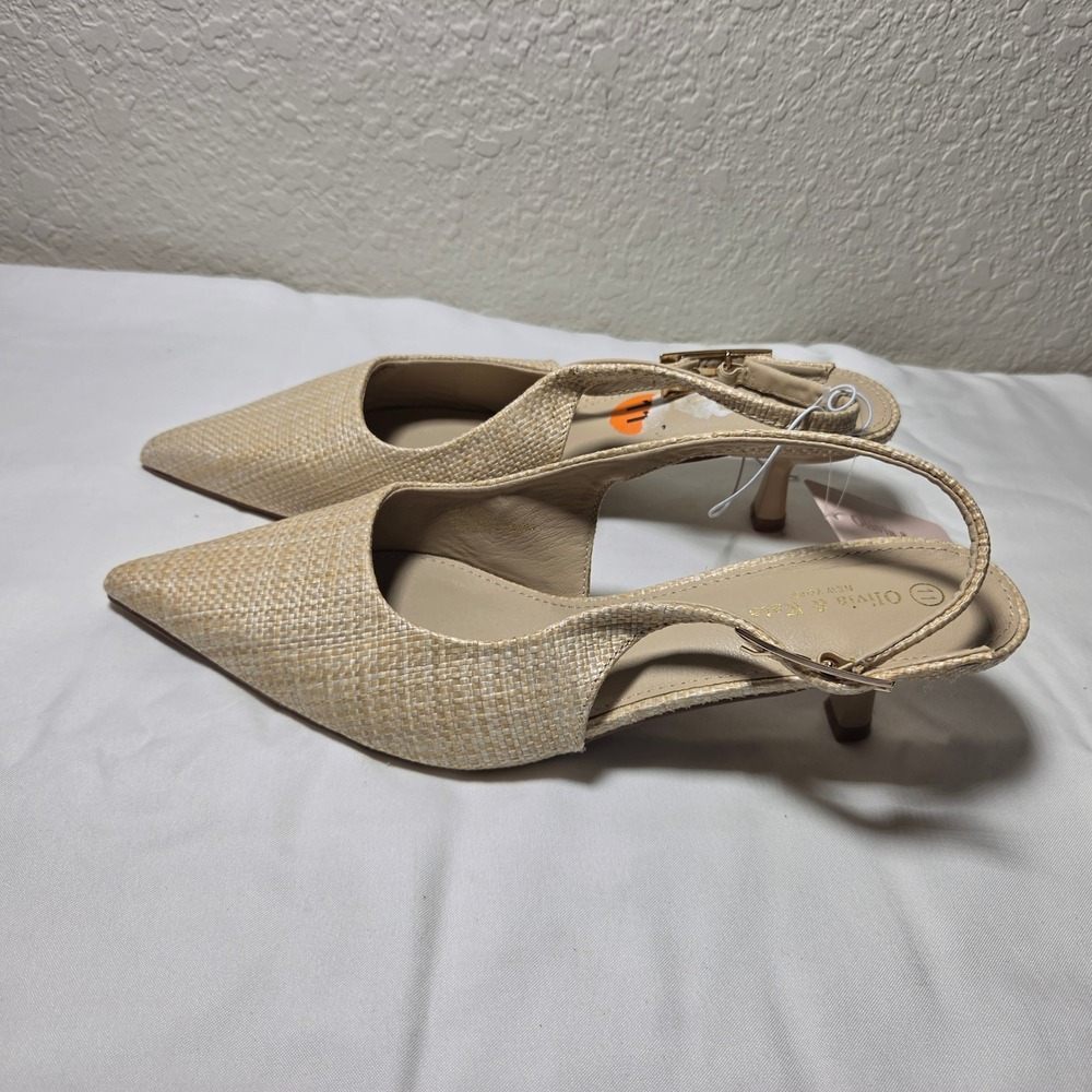 Olivia & Kate New York Beige Woven Straw Pointed Toe Slingback Kitten Heels 11